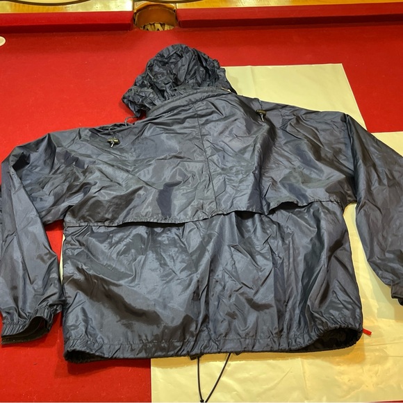 LL Bean BLUE NYLON red Rain Wind Jacket Full Zip COAT Hood vented Windbreaker Lg - Picture 8 of 16